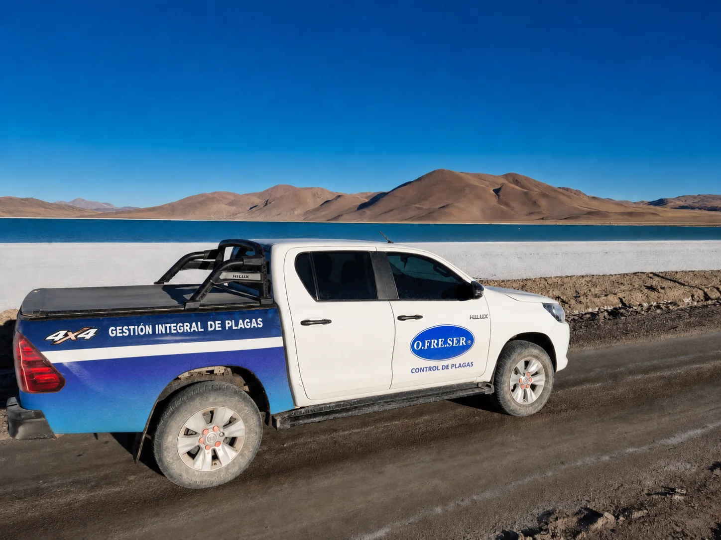 Camioneta O.FRE.SER junto al salar en la Puna