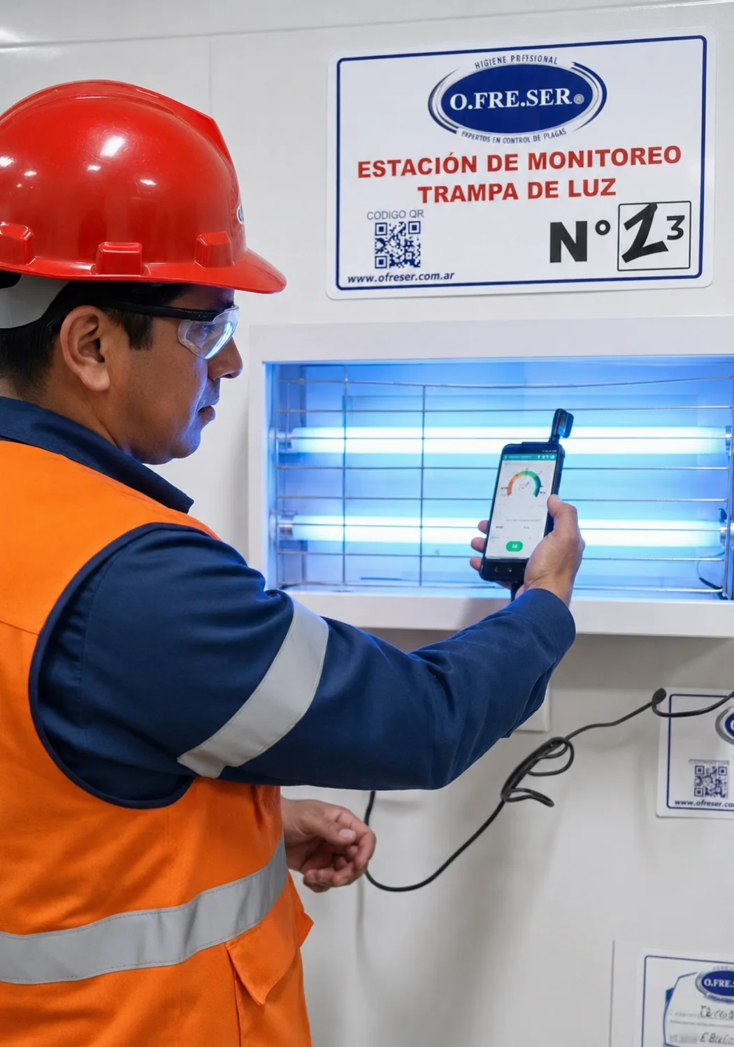 Técnico O.FRE.SER verificando una estación de monitoreo en industria
